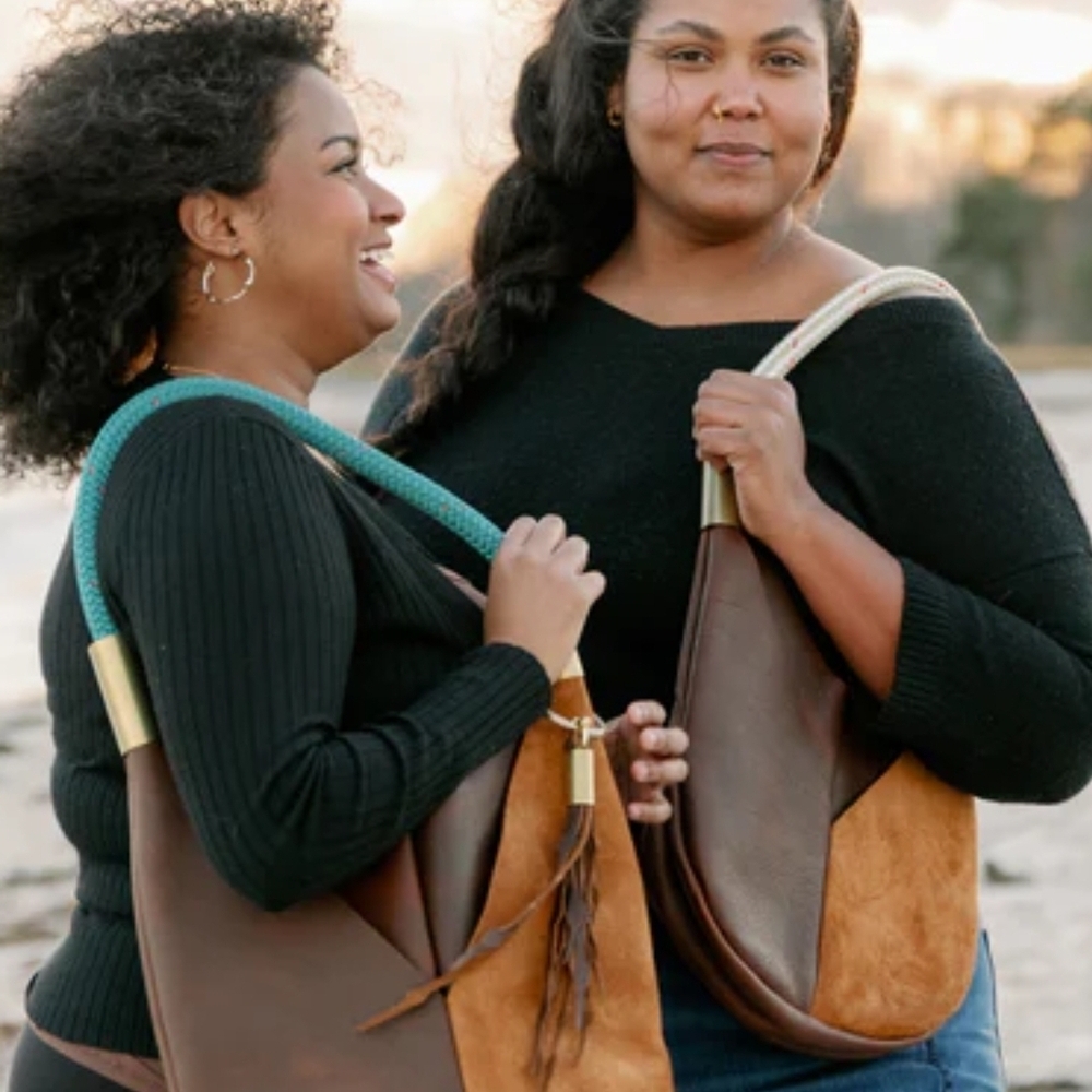 Elegant Brown and Tan Shoulder Bag with Teal Accent